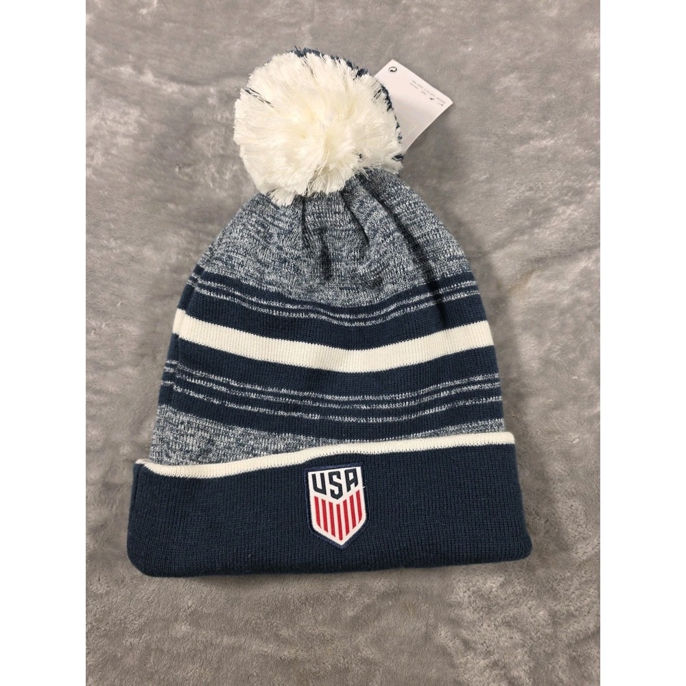 NWT Nike USA Soccer Olympic Team Knit Pom Pom Beanie Hat USMS Blue/Gray